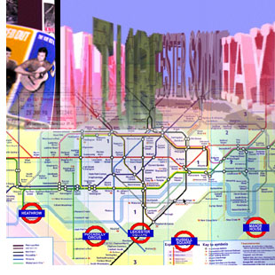 Screen capture"Cyberpoetry Underground" by Komninos Zervos. Colorful three-dimensional words common in the vernacular of the London Underground Transport System. Bottom half of picture fades into a route map. Tex: "Tube Leicester Square Hay..."